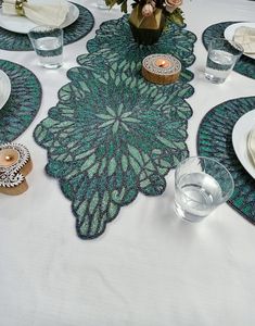 Handmade Embroidered Fabric <b>Table</b> <b>Runner</b> Leaf Shape <b>Green</b> Bohemian Design Decorative Mat - Product Image 2