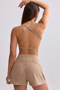 กางเกงขาสั้นผ้าเทอร์รี่สีน้ำตาลมอคค่ารุ่นใหม่ล่าสุดสำหรับผู้หญิง มีกระเป๋า เนื้อผ้านุ่มพิเศษ สวมใส่สบาย ระบายอากาศได้ดี เหมาะสำหรับออกกำลังกายและฟิตเนส - Product Image 2