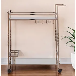 Glam Metal Bar Cart With Glass Shelves And Bottle <b>Rack</b> Rectangle Shape Durable Design For Party Use - Product Image 1