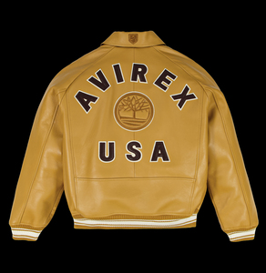 Avirex <b>Men's</b> Tan Cow <b>Leather</b> Waterproof <b>Bomber</b> Jacket Zipper Front Patch Design Crew Neck Regular Fit Winter Wear High Street - Product Image 2
