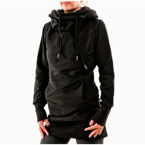 Vestido Sudadera con Capucha de Manga Larga, Color Negro Sólido, Felpa Francesa de Algodón, Corte Holgado Informal, Ropa de Otoño Unisex - Product Image 2