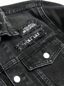 Men's Slim Fit Distressed <b>Denim</b> <b>Jacket</b> With Patches Punk Style Ripped Washed Black Button Front Coat Autumn Wear - Product Image 5