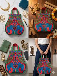 Sac fourre-tout brodé à la main en style folklorique rouge avec des éléphants bleus et un motif floral, bordure verte, style unisexe pour adultes, points Tatami, 120g - Product Image 3