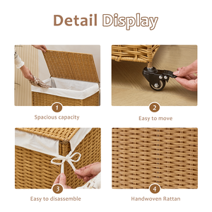 Cesto Portabiancheria in Rattan Intrecciato da 125L con Coperchio e Ruote, Design Scorrevole per Maggiore Comodità - Product Image 4