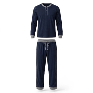 Ensemble de pyjama pour homme en bleu foncé à manches longues avec bordure grise, tricot doux 100% coton, vêtements décontractés pour l'automne - Product Image 1