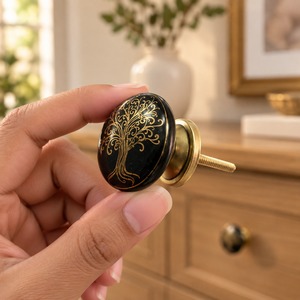 SHUBHAM Black & Gold Tree of Life <b>Ceramic</b> Cabinet <b>Knob</b> Round Decorative <b>Drawer</b> Pull Handle with Metal Base for Furniture - Product Image 3