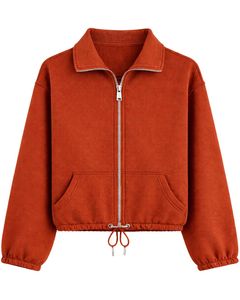 Sudadera corta de forro polar rosa coral con cremallera completa para mujer, cuello polo, bolsillos delanteros, dobladillo con cordón ajustable, estilo casual y cálido para la calle - Product Image 1