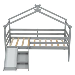 <b>Twin</b> Low Loft House <b>Bed</b> for Kids Grey with Slide Ladder Safety Guardrails House Roof <b>Frame</b> - Product Image 6