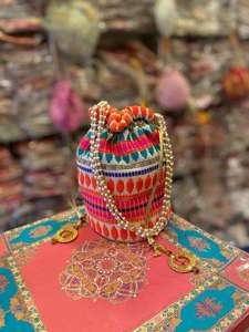 Indian Traditional Orange Potli Hand <b>Bag</b> for Women High Quality <b>Mini</b> <b>Bag</b> Pearl Embroidery Drawstring Closure Wedding Party <b>Gift</b> - Product Image 1