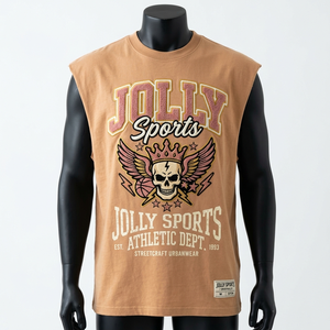 Camiseta sin mangas de algodón jersey beige con diseño gráfico, ligera, con logo personalizado, 100% algodón, para hombre, corte holgado, estampada. - Product Image 4