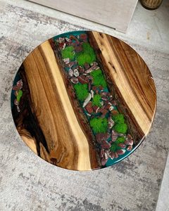 Woodland Cross River Wooden Moss <b>Epoxy</b> <b>Coffee</b> <b>Table</b> Handmade Round Live Edge Luxury Nature Inspired Pebble Art Furniture Design - Product Image 2