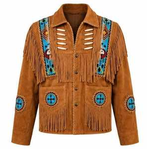 Chaqueta con flecos para hombre, cuello vuelto, bordado geométrico, manga larga - Product Image 1