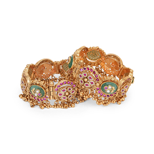 Premium Quality Metal Bangle with Ruby Stone <b>Infinity</b> Chain Ghungroos Two Large Mint Stones Metal Flower and Floral Design - Product Image 4