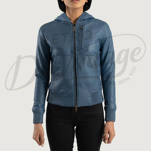 Chaqueta Bomber Azul de Cuero Genuino para Mujer con Capucha, Acolchada, Ajustada, de Piel de Oveja Premium, Abrigo Casual de Invierno a la Moda - Product Image 3