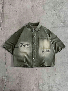 <b>Mens</b> <b>Denim</b> <b>Shirt</b> Washed Olive Graphic Print Short Sleeve Boxy Collegiate Streetwear Vintage Button Front - Product Image 1