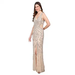 Glamorous Nude Beige Thigh Slit <b>Prom</b> Gown - Luxury <b>Silver</b> Beads Sleeveless Cutout Mermaid Evening <b>Dress</b> - High-End Cocktail Part - Product Image 1