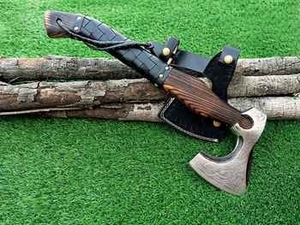 ขวานตีไฟฟ้า ZA DAMASCUS MAKERS รุ่น Tomahawk Hatchet ใบมีดเหล็กคาร์บอน ด้ามไม้ 5 ชั้น ขวานเอาตัวรอด ลายสลัก สำหรับตัดต้นไม้ งานไม้ - Product Image 2