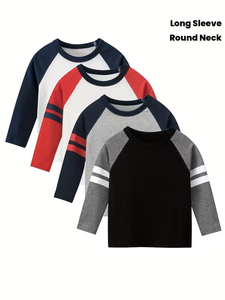 Boys' Long Sleeve T-Shirts Striped Round Neck Casual Layering Shirts Solid Color Base for Spring/Fall Layering 4 Individual Tops - Product Image 2