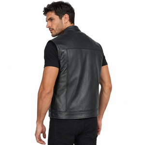 Premium <b>Men's</b> Motorcycle Genuine <b>Leather</b> <b>Vest</b> Biker Style Sleeveless Jacket Slim Fit Casual Waistcoat with Multi-Pockets Black - Product Image 2