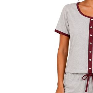 Light Gray And Burgundy Women Two Piece Shorts Set Round Neck Button <b>Top</b> Geometric Print Casual Summer Cotton Lounge Wear Outfit - Product Image 3