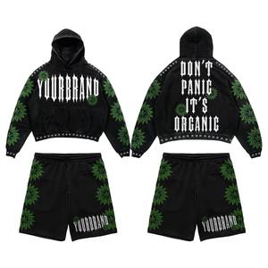 Heavyweight 400 GSM Cotton Blend Green Hoodie Shorts Set <b>Flame</b> Patch Embroidered Logo Hoodie Short Set men's - Product Image 3