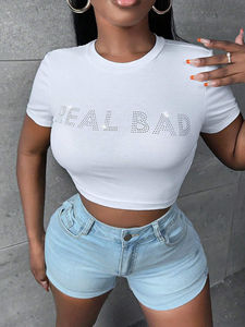 T-shirt court en coton côtelé de haute qualité pour femme, avec strass, extensible, style baby tee, idéal pour l'été - Product Image 4