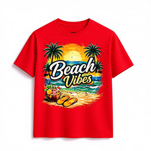 Camiseta Gráfica Roja Oversize para Hombre, Estampado de Atardeceres, Nueva Colección de Verano, Estilo Playero, Algodón, Streetwear, Corte Holgado, Personalizable con Logotipo - Product Image 1