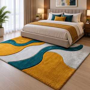 Modern Abstract Wave Hand Tufted Cut Pile Wool Area <b>Rug</b>-<b>Large</b> Non-Slip Latex Backing Mustard Yellow & Teal <b>Grey</b> for Hallway - Product Image 3