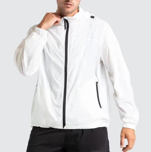 Mens White Lightweight <b>Windbreaker</b> Jacket Full Zip Hooded Minimal Sports Outdoor Running Jacket With Contrast <b>Black</b> Zippers - Product Image 1