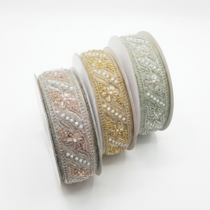 Dentelles brodées à finition métallique avec perles, fils dorés de qualité supérieure, garnitures de mariée, rubans de vêtements faits main de luxe - Product Image 1