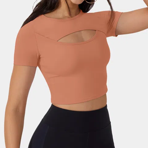 Top Corto de Punto Calado Color Durazno para Mujer, Manga Corta, Cuello Redondo, Corte Ajustado, Estilo Deportivo, para Primavera/Verano - Product Image 1