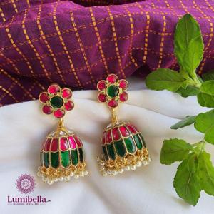 18K Gold Plated Pearl and Diamond Jadau Jhumki <b>Earrings</b> for Wedding and Party - Product Image 1