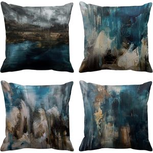 Juego de 4 Fundas de Almohada Decorativas Modernas con Pintura Abstracta Retro en Turquesa, Verde Azulado, Negro y Marrón para Decoración del Hogar - Product Image 5