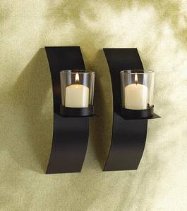 Juego de Apliques de Pared de Metal Negro Clásico con Panel Curvo, Diseño de Portavelas, Brillo Cálido, Decoración Contemporánea para el Hogar - Product Image 2
