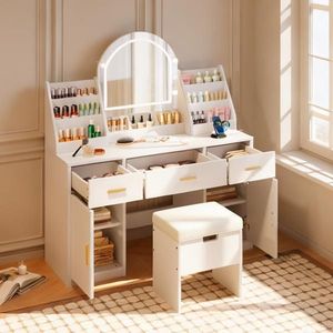 Coiffeuse de 47,2 pouces avec miroir éclairé, tabouret de rangement rembourré et 3 tiroirs - Table de maquillage avec deux organiseurs - Product Image 1