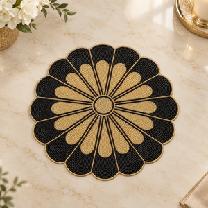 <b>Black</b> and Gold Glass Beaded Round <b>Placemat</b> | Modern Durable Heat Resistant Handmade Dining Table Decor for Parties - Product Image 2