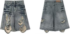 DENIMGUYS Jorts en jean personnalisés pour homme, style vintage, d'été, effet vieilli et usé, avec patchs et appliques, coupe charpentier, streetwear, jambe large, ourlet dégarni - Product Image 2