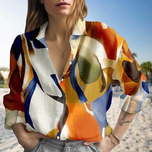 OEM ODM Women's V-Neck Full Sleeve Print <b>Blouse</b> Vintage Abstract Art Design Eco-Friendly Casual Button-Up Top for All Seasons - Product Image 4