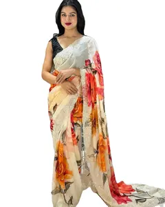 Mới đến Bollywood thiết kế Saree đẹp và với áo in và viền ren có sẵn với giá bán buôn