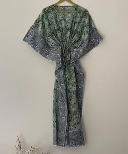 Vestido Kaftan Maxi con Estampado Floral Boho Chic en Color Menta, Cuello en V, Corte Holgado, Algodón, Casual, para Vacaciones y Playa - Product Image 2