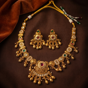 Traditional Antique Finish Gold Brass Artificial Floral Ethnic Necklace Set Matching Drop Earrings for Women Wedding Party - Product Image 1