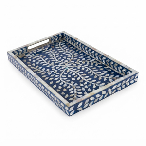 Plateau décoratif de luxe bleu marine avec incrustations en os, motif floral, pour table basse, organisateur de bijoux de coiffeuse, plateau indien - Product Image 4