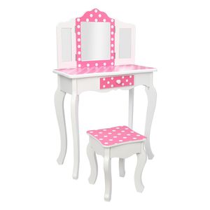 Pink/White YJ Kids' Furniture Set Wooden <b>Vanity</b> with Tri-Fold <b>Mirror</b> Chair <b>Table</b> Stool <b>Vanity</b> Set for Kids - Product Image 1