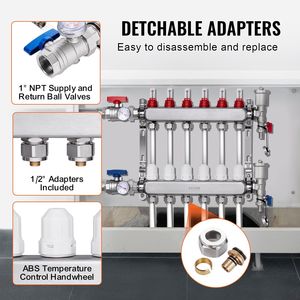 Collettore a 6 Vie per Tubi PEX da 1/2 Pollice in Acciaio Inox per Riscaldamento Radiante a Pavimento Idronico, Sistema HVAC Domestico - Product Image 3