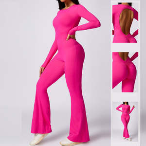 Mono de yoga de una pieza para chicas altas, con efecto fruncido en los glúteos, pantalones acampanados, ropa deportiva con logo personalizado - Product Image 1