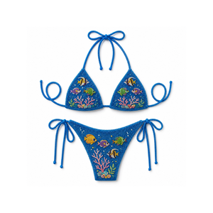 Conjunto de bikini naranja con bordado de palmeras, traje de baño de dos piezas tejido con detalles florales y cuentas, top con cuello cuadrado y parte inferior tipo tanga - Product Image 3