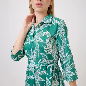 Vestido Elegante Estampado Floral Verde, Cuello Camisero, Mangas Tres Cuartos, Estilo Vintage, Ideal para Uso Casual y de Fiesta - Product Image 1