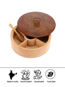 Boîte à épices en bois artisanale à 5 compartiments, organiseur de masala, récipient de rangement rond pour la cuisine avec couvercle - Product Image 5