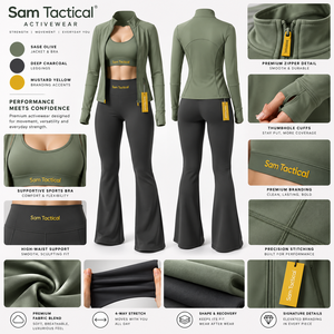 Conjunto de Yoga de 3 Piezas para Mujer Sam Tactical: Chaqueta con Cierre y Cuello Alto, Sujetador Deportivo y Leggings Acampanados de Cintura Alta. Precio al por Mayor, OEM, Personalizado. - Product Image 5