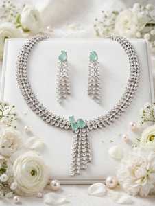 Luxury Brass <b>Silver</b> Plated Mint Green Cubic Zirconia <b>Choker</b> Necklace Dangle Earring Bridal Jewelry Set For Women - Product Image 4
